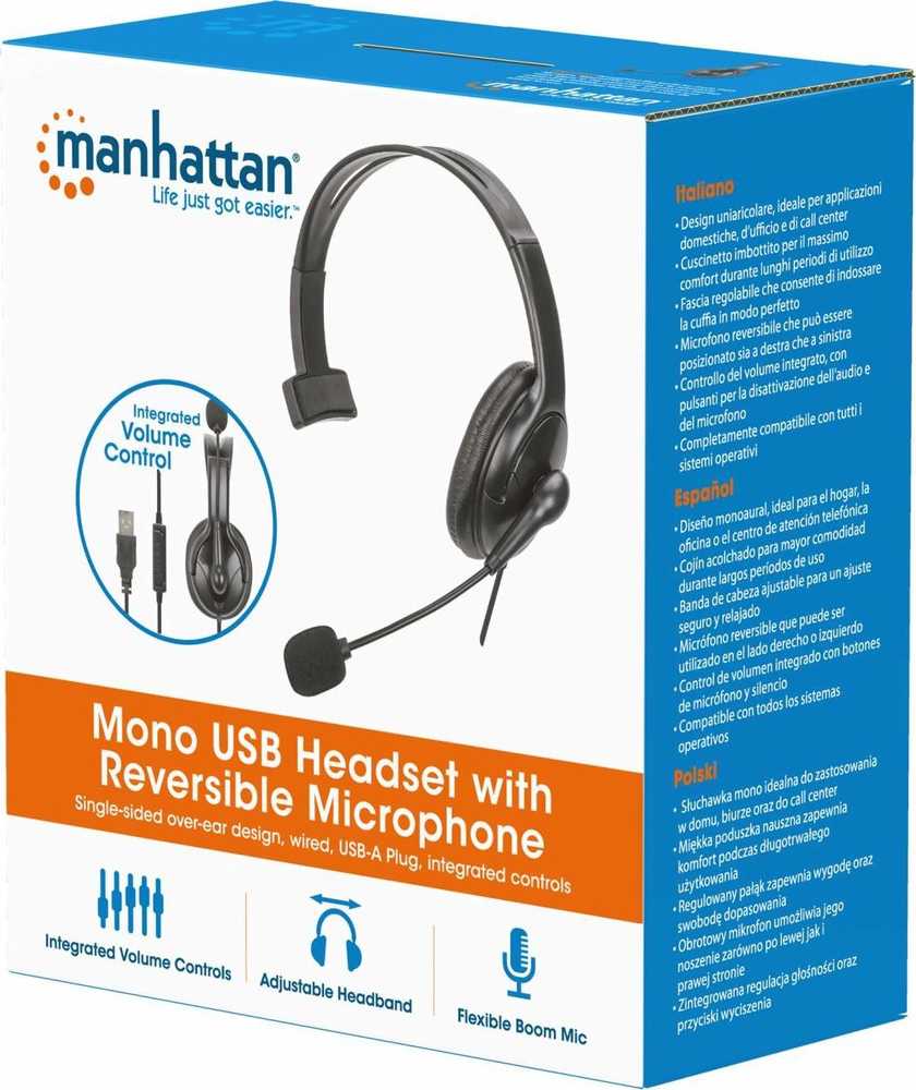 MANHATTAN Mono USB-Ausinės links, 2m kabelis