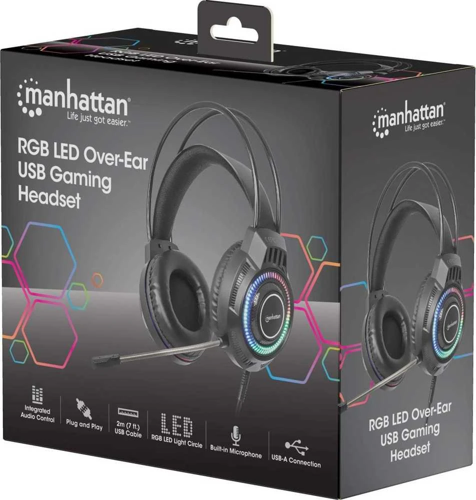 Ausinės Manhattan RGB LED Over-Ear USB Gaming ausnės, su laidu, USB-A Plug, Mikrofonas, Integrated Volume Control, 2.0m, Juodas, 180696