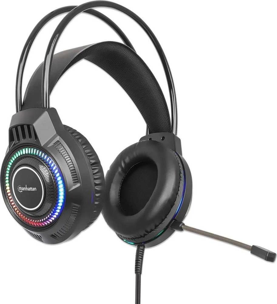 Ausinės Manhattan RGB LED Over-Ear USB Gaming ausnės, su laidu, USB-A Plug, Mikrofonas, Integrated Volume Control, 2.0m, Juodas, 180696