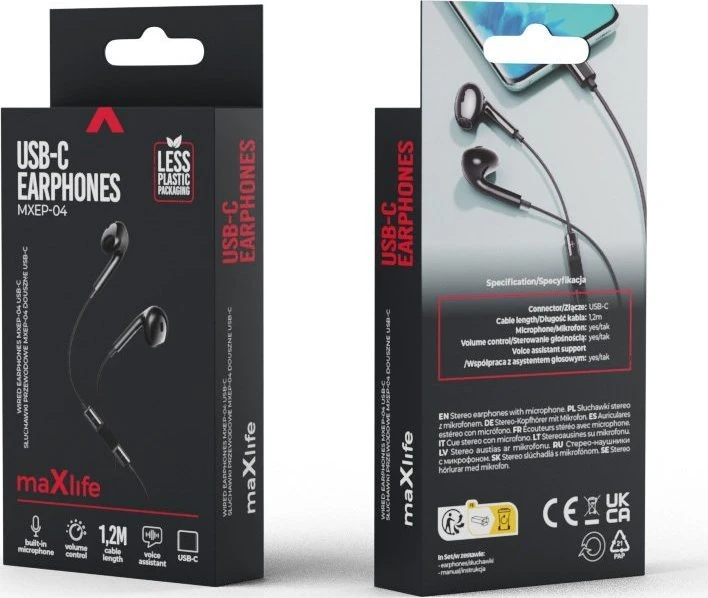 Maxlife laidinės ausinės MXEP-04 USB-C juodos