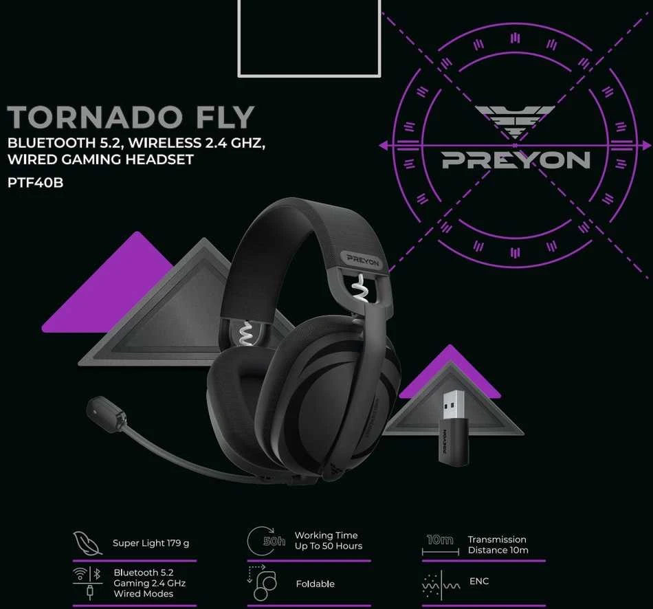 PREYON Tornado Fly ausinių techninės savybės ir komplektacija