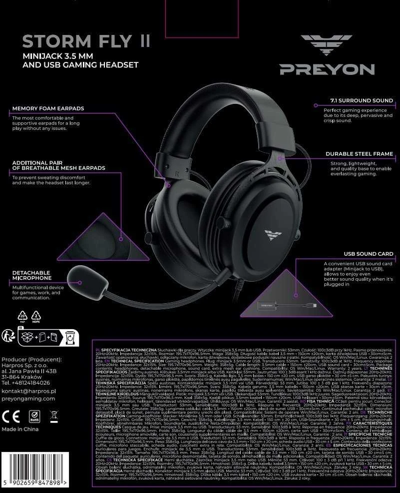 PREYON Storm Fly II ausinių techninių savybių schema