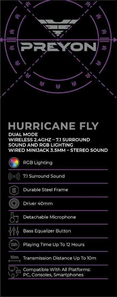 PREYON Hurricane Fly belaidės žaidimų ausinės (Juodos) | USB