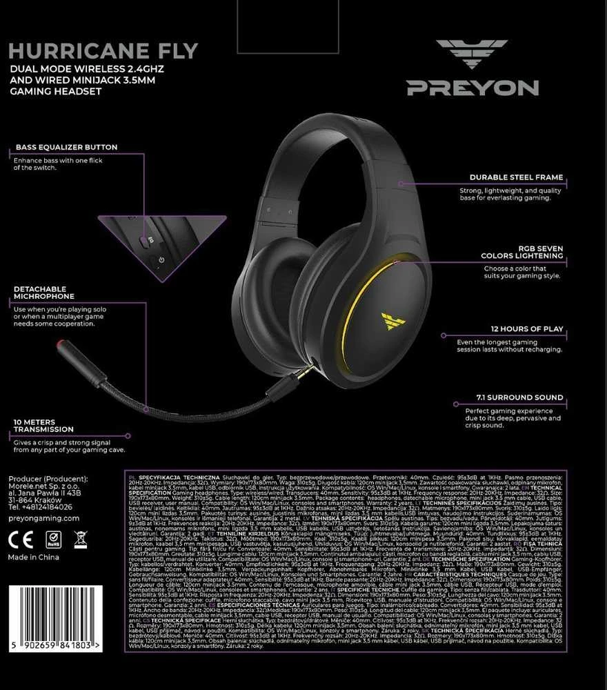 PREYON Hurricane Fly belaidės žaidimų ausinės (Juodos) | USB