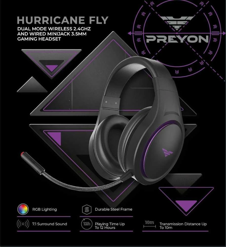 PREYON Hurricane Fly belaidės žaidimų ausinės (Juodos) | USB