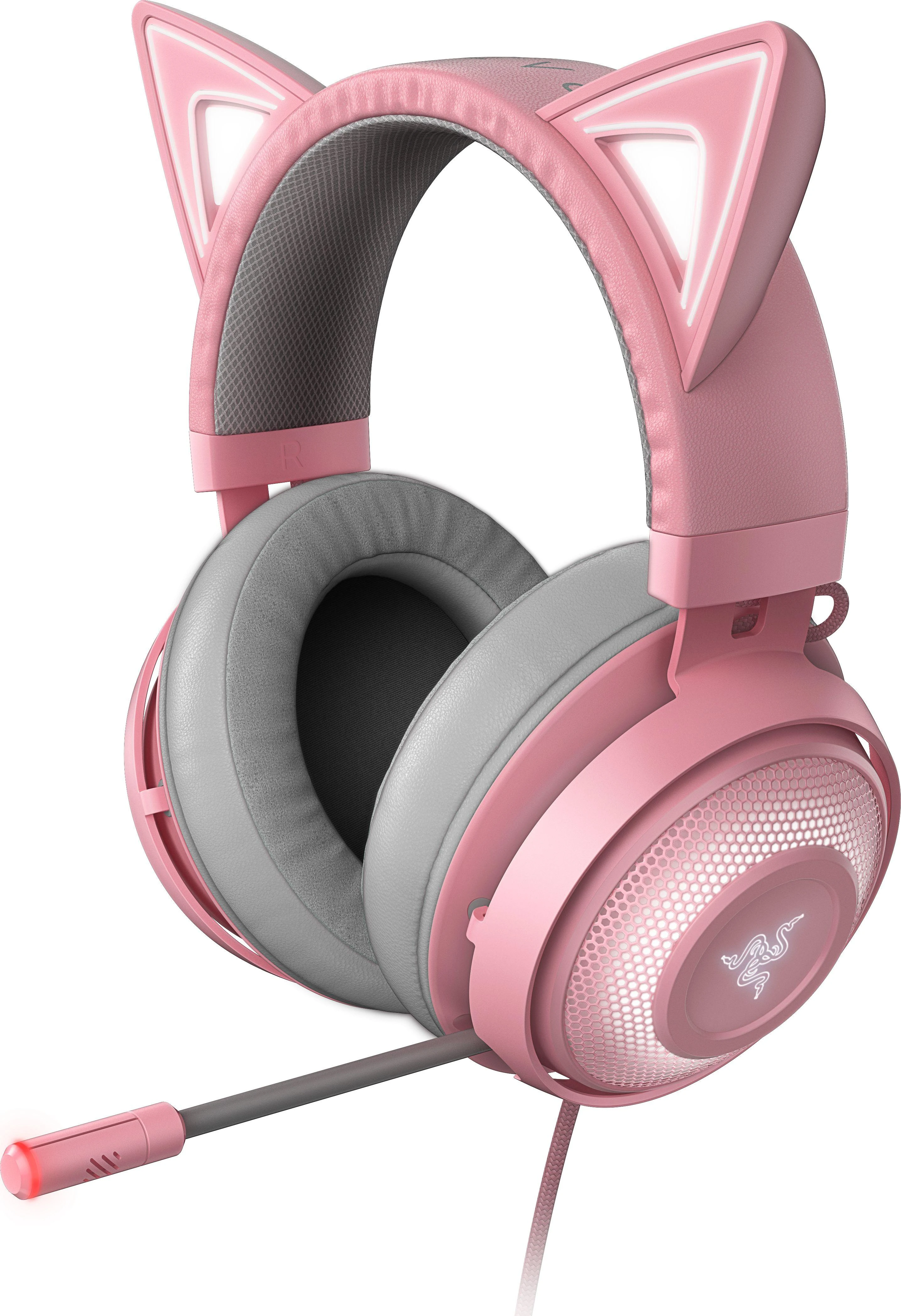 Žaidimų Ausinės Razer Kraken Kitty Edition Quartz, Chroma RGB, ANC mikrofonas, THX erdvinis garsas, USB jungtis, rožinės