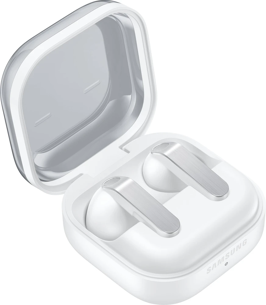 Samsung Galaxy Buds4 baltos ausinės atidarytame dėkle
