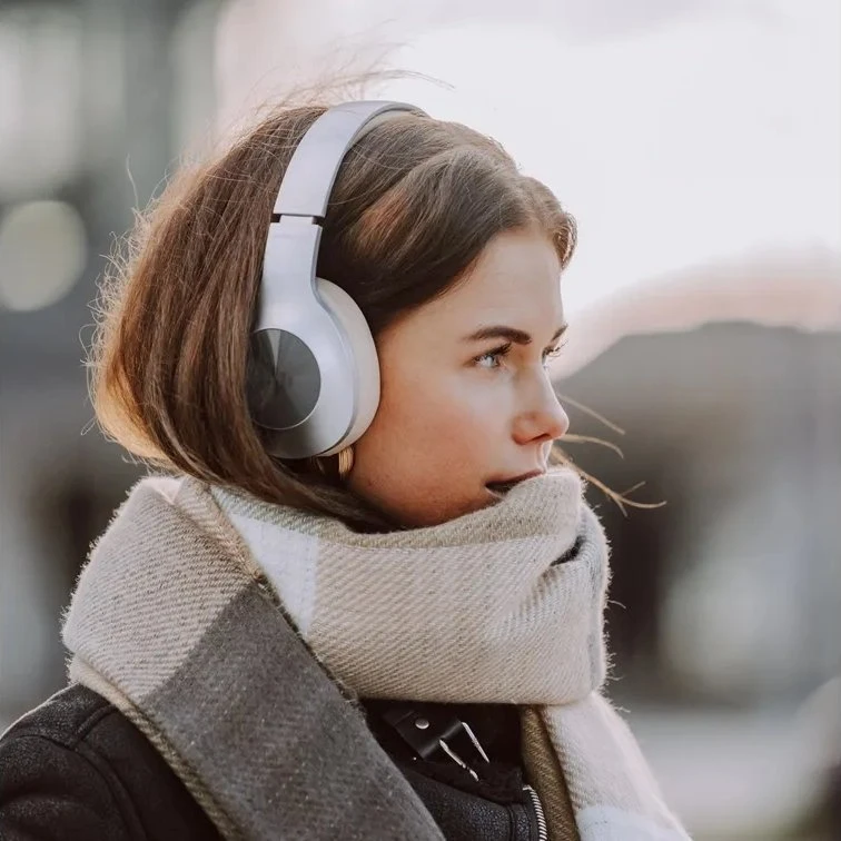Sidabrinės Soundliving Soul ausinės ant galvos