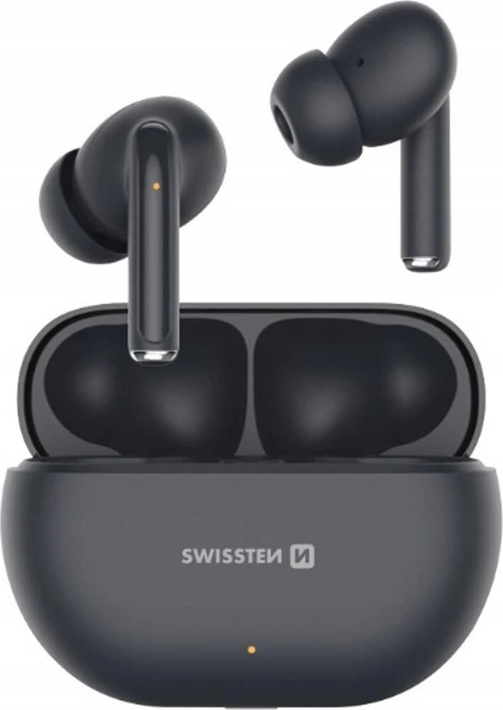 Juodos Swissten Pro Tune ausinės su įkrovimo dėklu