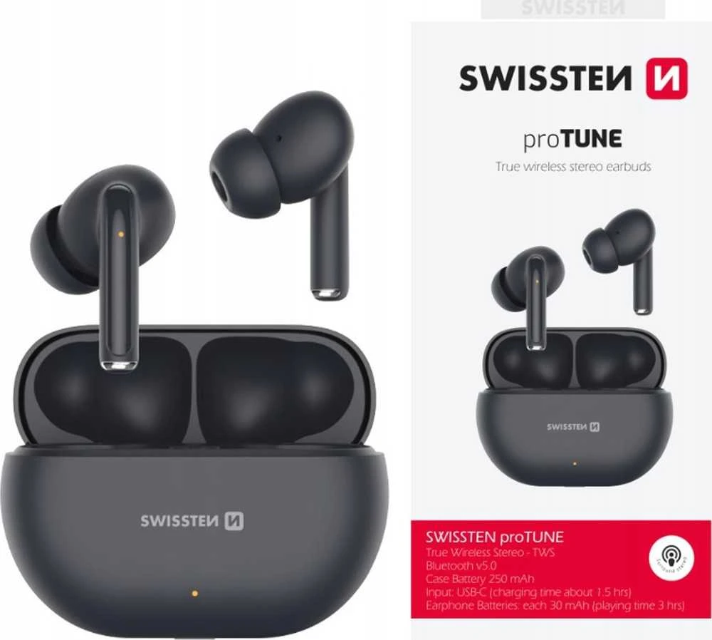 Swissten Pro Tune TWS juodos ausinės su dėklu