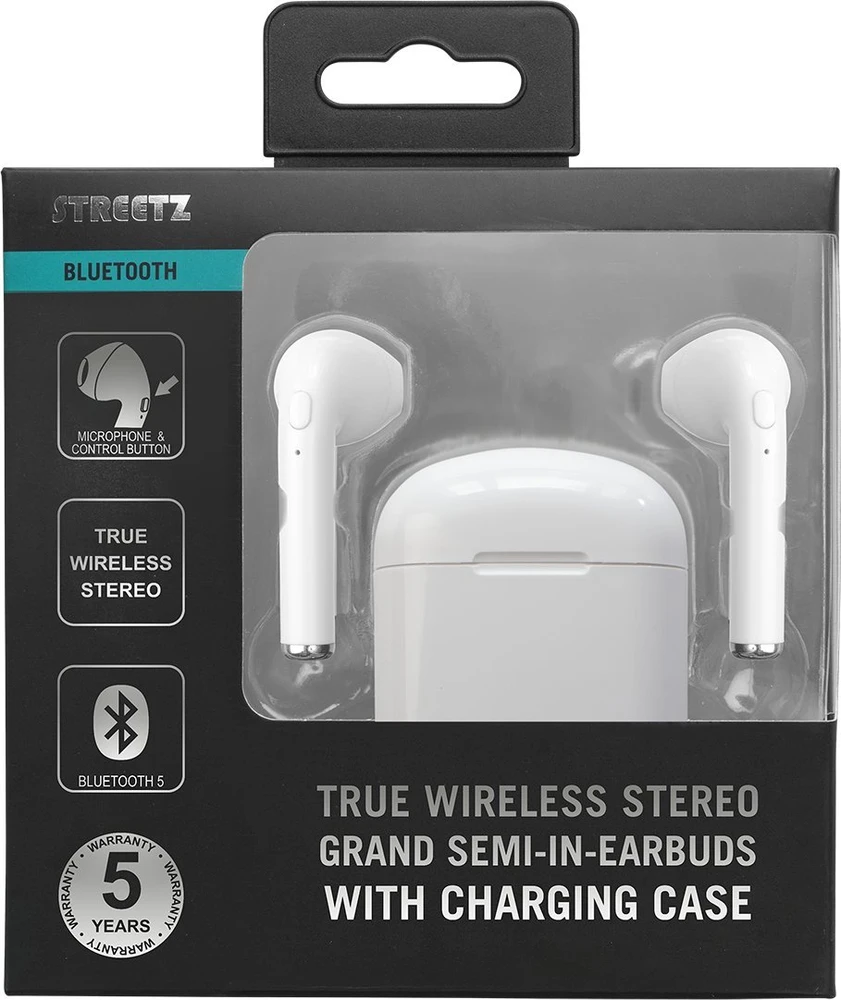 Ausinės STREETZ True Belaidės, 350 mAh su dėžute, BT5 baltos / TWS-0008