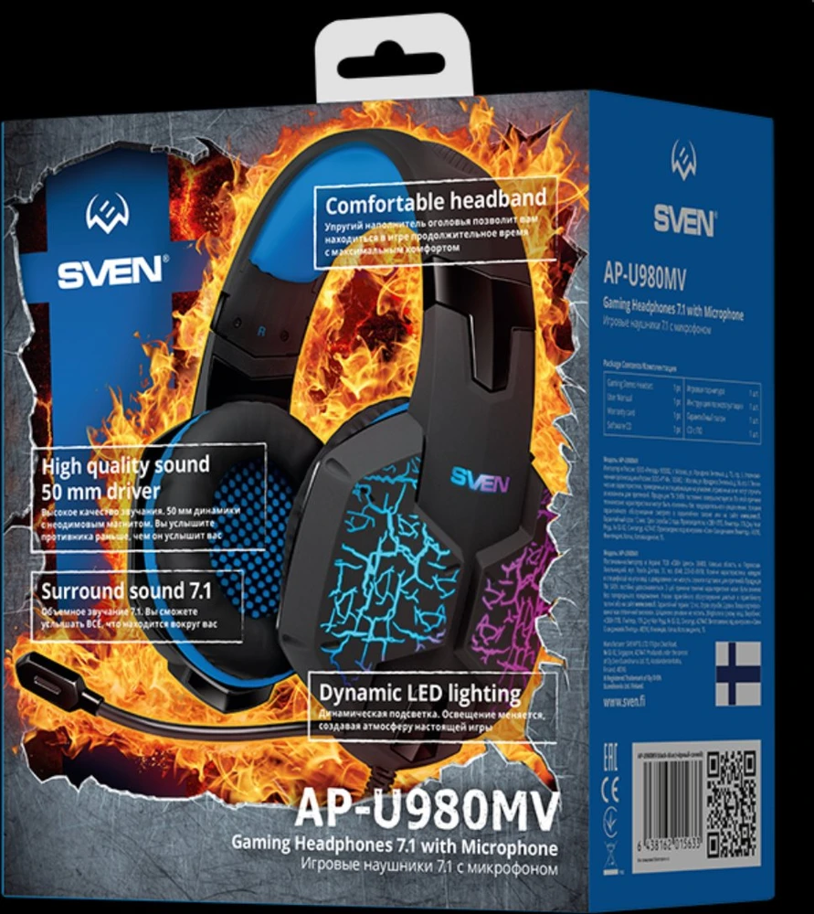 Ausinės su mikrofonu SVEN AP-U980MV juodas-mėlynas (USB, LED, 7.1), SV-015633