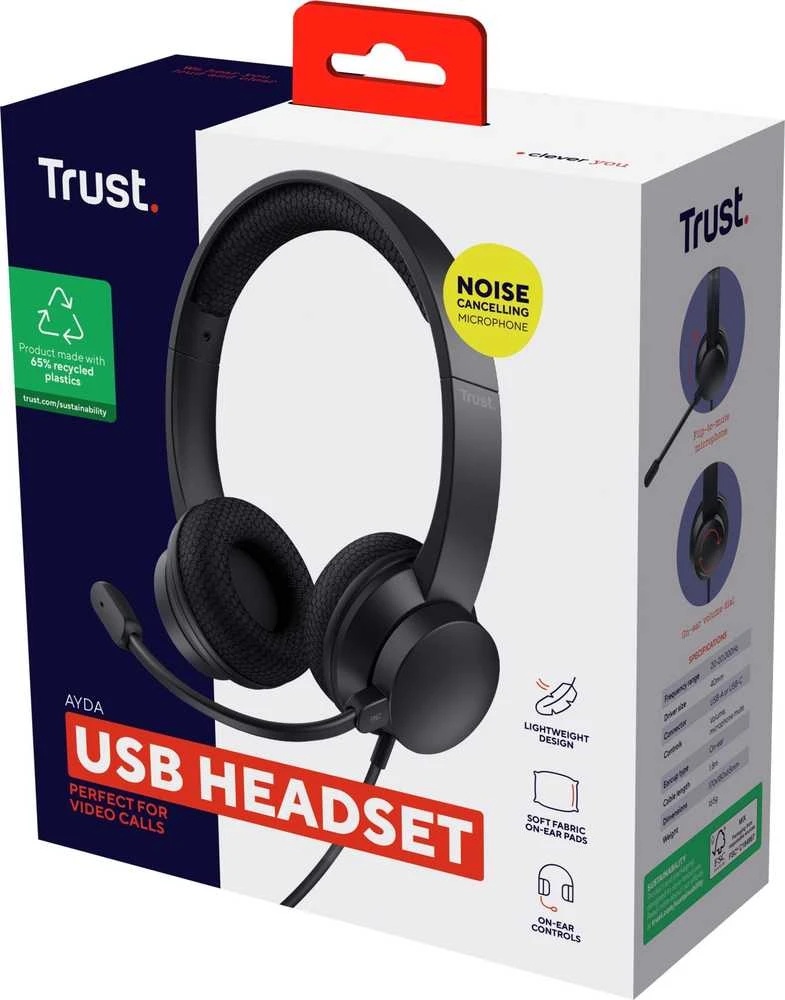 Trust Ayda Ausinės su laidu su lankeliu ant galvos Calls/Music USB Type-A Juodas