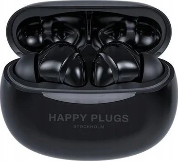 Happy Plugs Joy Pro juodos ausinės atidarytame dėkliuke