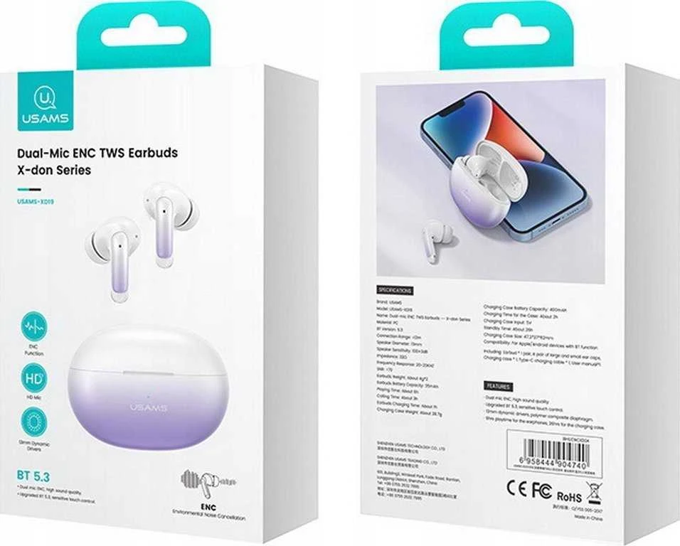 USAMS Bluetooth 5.3 TWS X-donseries ENC belaidės ausinės baltos spalvos BHUENCXD02 (US-XD19)