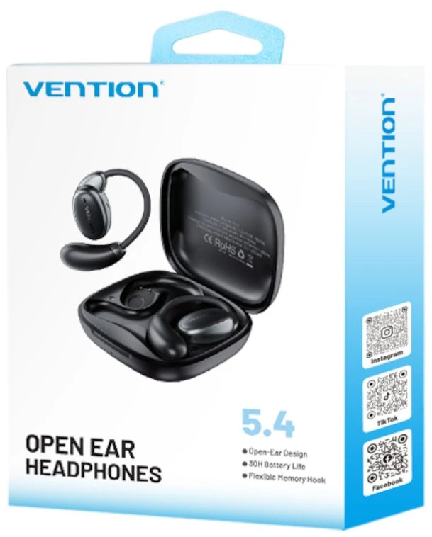 Vention BT 5.4 atviros juodos ausinės pakuotėje