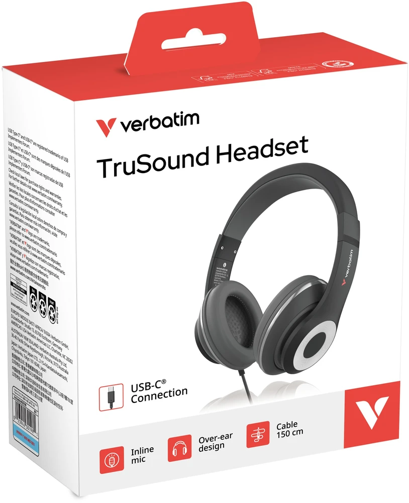 Verbatim TruSound ausinės su mikrofonu, przewodowa, juoda, kištukas ir play typ USB-C