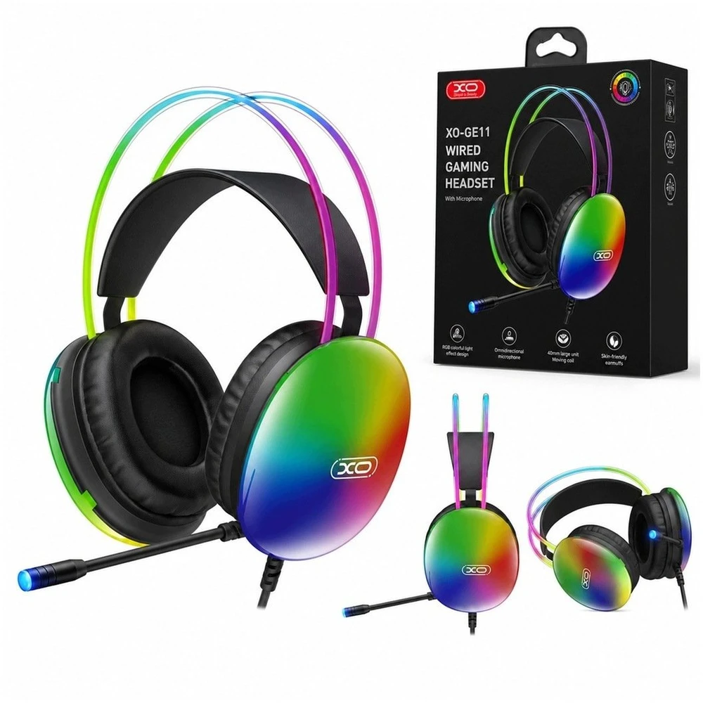 XO laidinės ausinės GE11 jack 3,5mm – USB-A juodos spalvos su RGB mikrofonu