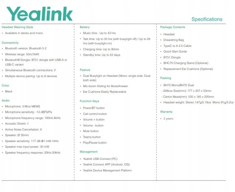 Yealink Bluetooth Ausinės BH70 Mono su Stovas Teams USB-C/A