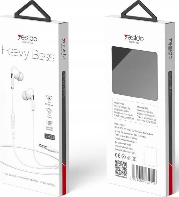 Ausinės Yesido yesido Ausinės Dokanałowe YH33 Aux 3.5mm 120cm, Baltas / Baltas