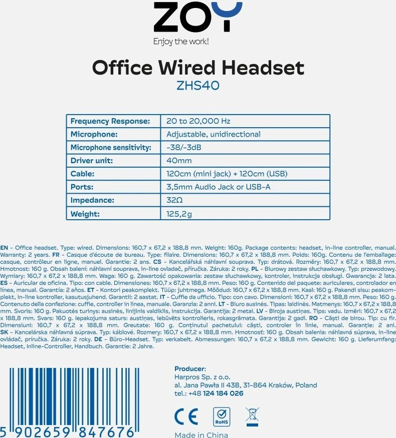 ZOY ZHS40 techninių duomenų specifikacija