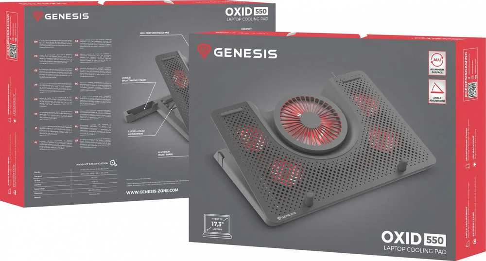 Genesis OXID 550 | nešiojamo kompiuterio aušinimo padas |  15.6-17.3 5 FANS, LED LIGHT, 1 USB | 400 x 280 x 55 mm |