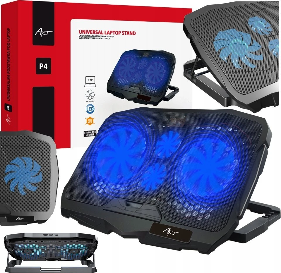 Nešiojamojo kompiuterio aušinimo stovas ART P4 2 x USB A LED juodas