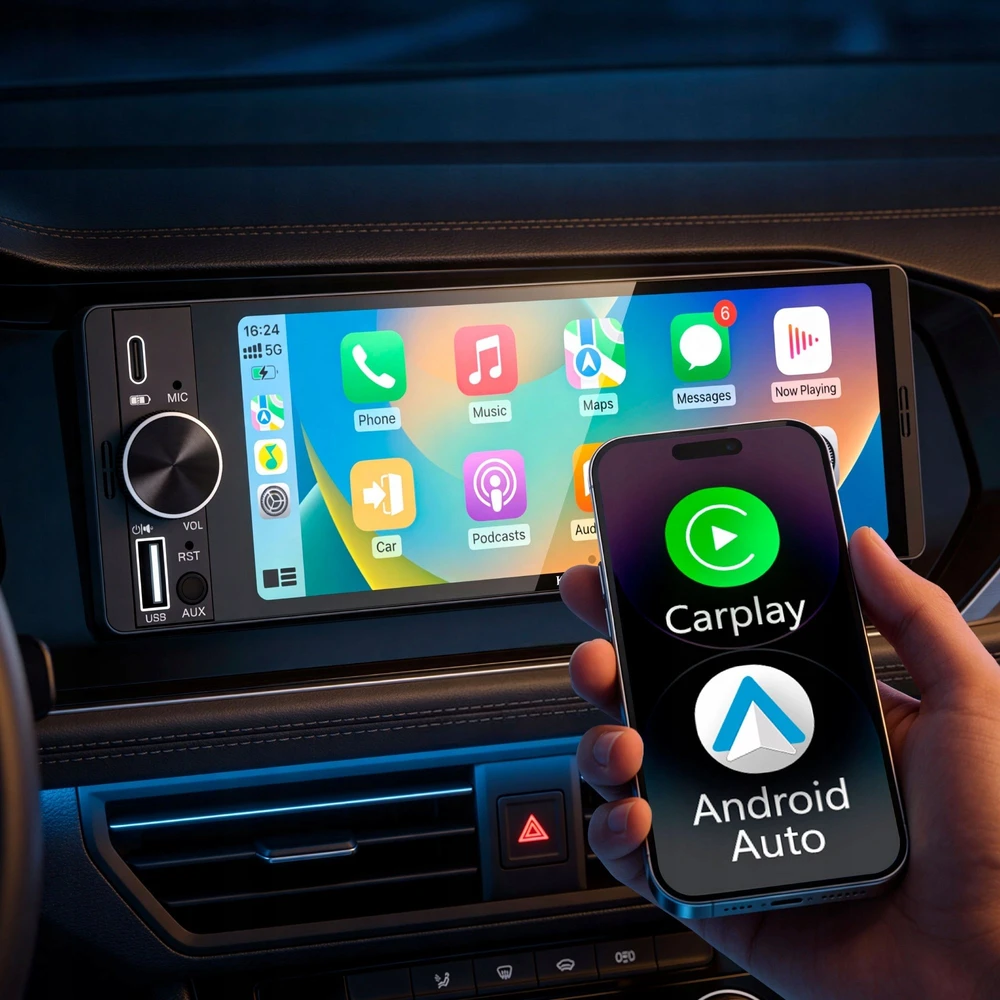 Automagnetola Kruger & Matz KM2016 1DIN CarPlay/AndroidAuto automobilio radijas