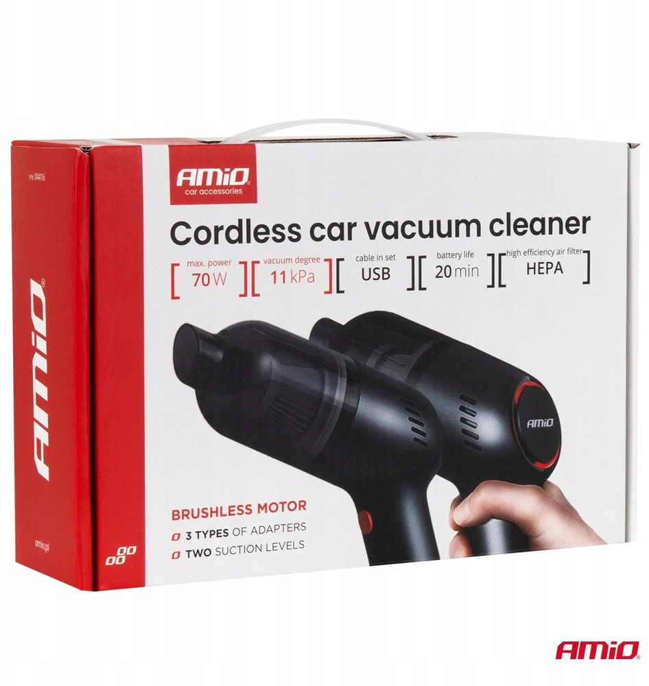Belaidis automobilinis dulkių siurblys 70 W, 11 kPa, USB-C, su HEPA filtru, VC-08 AMIO-04416