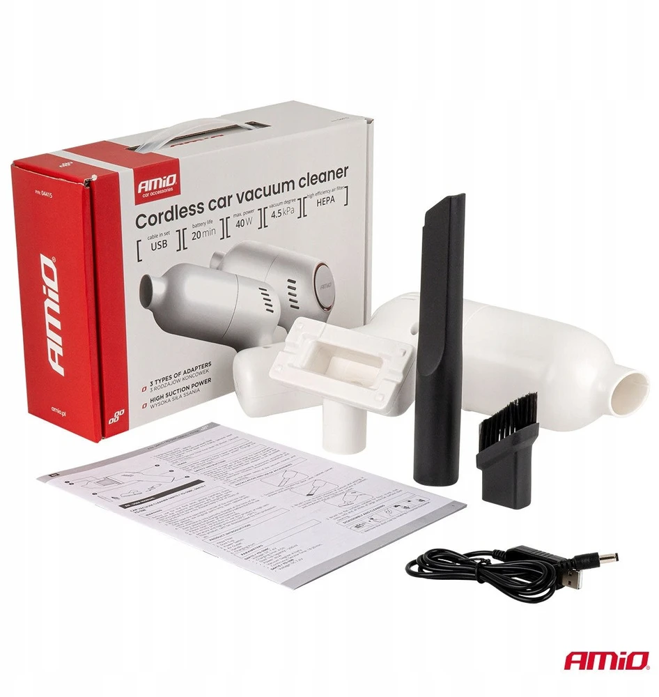 Belaidis automobilinis dulkių siurblys 40 W, 4,5 kPa, USB-C, su HEPA filtru, VC-07 AMIO-04415