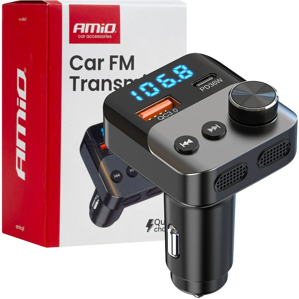 Automobilinis FM siųstuvas, 1×USB-A 1×USB-C 12V 24V AMIO-04647