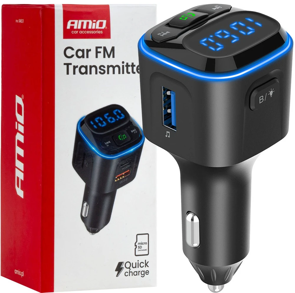 Automobilinis FM siųstuvas, 1×USB-A 2×USB-C 12V 24V AMIO-04651