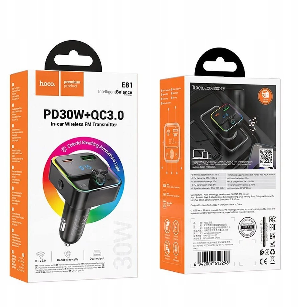 Automobilinis įkroviklis Hoco QC3.0 PD 30W su FM siųstuvu E81 juodas
