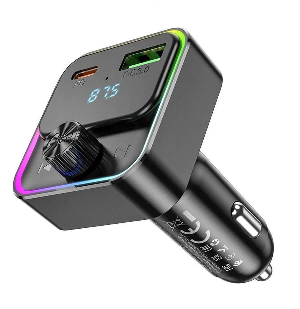 Automobilinis įkroviklis Hoco QC3.0 PD 30W su FM siųstuvu E81 juodas