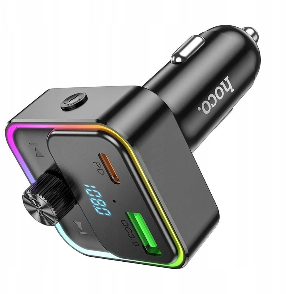 Automobilinis įkroviklis Hoco QC3.0 PD 30W su FM siųstuvu E81 juodas