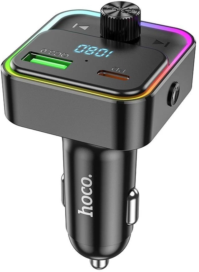 Automobilinis įkroviklis Hoco QC3.0 PD 30W su FM siųstuvu E81 juodas