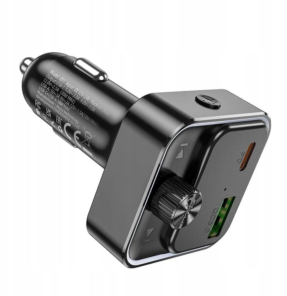 Automobilinis įkroviklis Hoco QC3.0 PD 30W su FM siųstuvu E81 juodas
