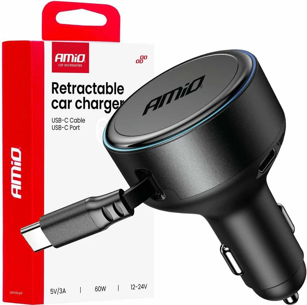 Automobilinis įkroviklis su ištraukiamu C kabeliu ir USB-C 12/24V 60W AMIO-04368