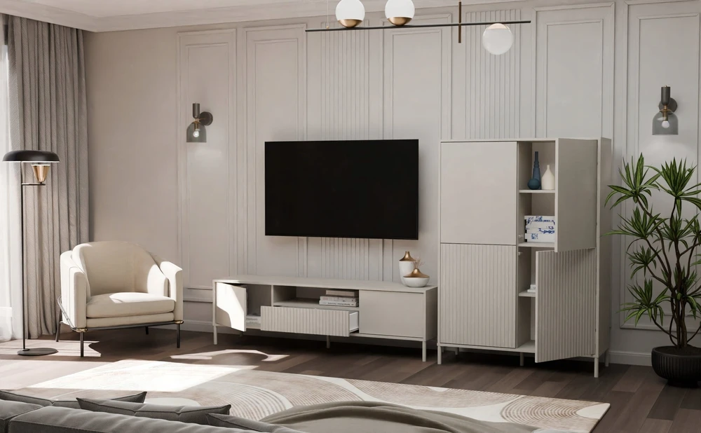 TV staliukas „Top E Shop“ RTV KAMARO 160 SLIM/GL CASMERE COLOUR