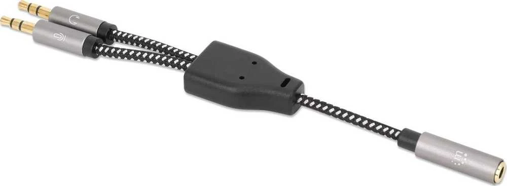 „Manhattan“ ausinių adapteris kabelis su stereo garso Aux Y skirstytuvu, 3,5 mm moteriškas (4 kontaktų) iki 2 x 3,5 mm vyriškas (3 kontaktų), 15 cm, atskiriamas vienos ausinės prijungimas prie mikrofono ir garso kištukai, CTIA, paauksuoti kontaktai, pintas nailonas, Juodas/Sida612