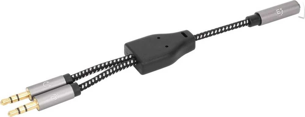 „Manhattan“ ausinių adapteris kabelis su stereo garso Aux Y skirstytuvu, 3,5 mm moteriškas (4 kontaktų) iki 2 x 3,5 mm vyriškas (3 kontaktų), 15 cm, atskiriamas vienos ausinės prijungimas prie mikrofono ir garso kištukai, CTIA, paauksuoti kontaktai, pintas nailonas, Juodas/Sida612