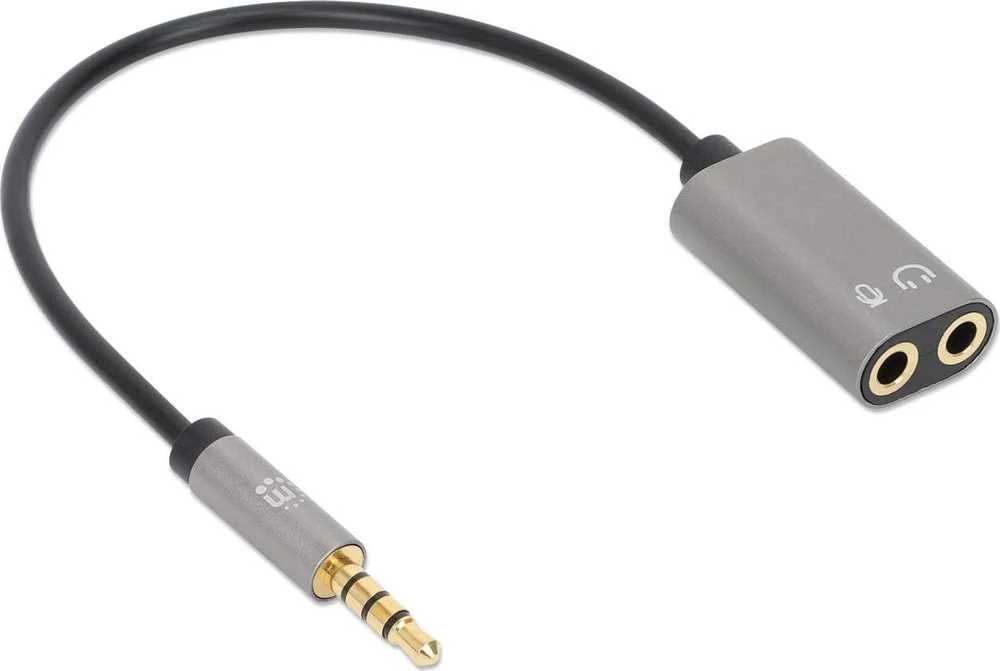 Manhattan 3,5 mm 4 kontaktų M į 2 x 3,5 mm 3 kontaktų F garso kabelio adapteris, 0,2 m, 356107