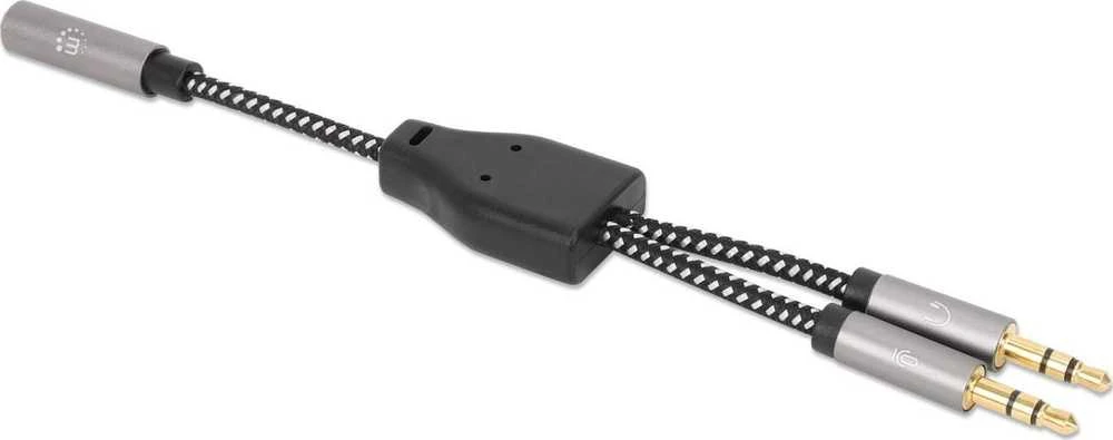 „Manhattan“ ausinių adapteris kabelis su stereo garso Aux Y skirstytuvu, 3,5 mm moteriškas (4 kontaktų) iki 2 x 3,5 mm vyriškas (3 kontaktų), 15 cm, atskiriamas vienos ausinės prijungimas prie mikrofono ir garso kištukai, CTIA, paauksuoti kontaktai, pintas nailonas, Juodas/Sida612