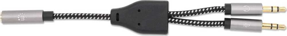 „Manhattan“ ausinių adapteris kabelis su stereo garso Aux Y skirstytuvu, 3,5 mm moteriškas (4 kontaktų) iki 2 x 3,5 mm vyriškas (3 kontaktų), 15 cm, atskiriamas vienos ausinės prijungimas prie mikrofono ir garso kištukai, CTIA, paauksuoti kontaktai, pintas nailonas, Juodas/Sida612