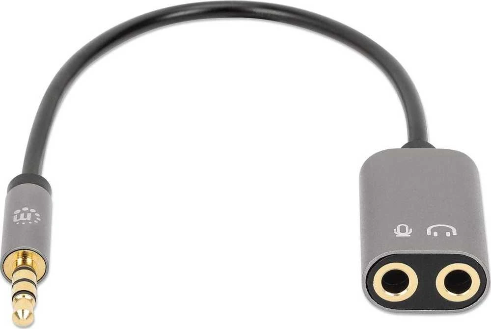 Manhattan 3,5 mm 4 kontaktų M į 2 x 3,5 mm 3 kontaktų F garso kabelio adapteris, 0,2 m, 356107