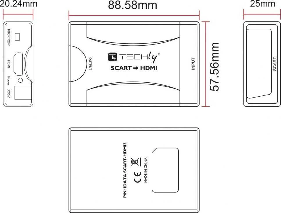 TECHLY kompaktiškas konverteris iš SCART į HDMI skaleris 720p/1080p