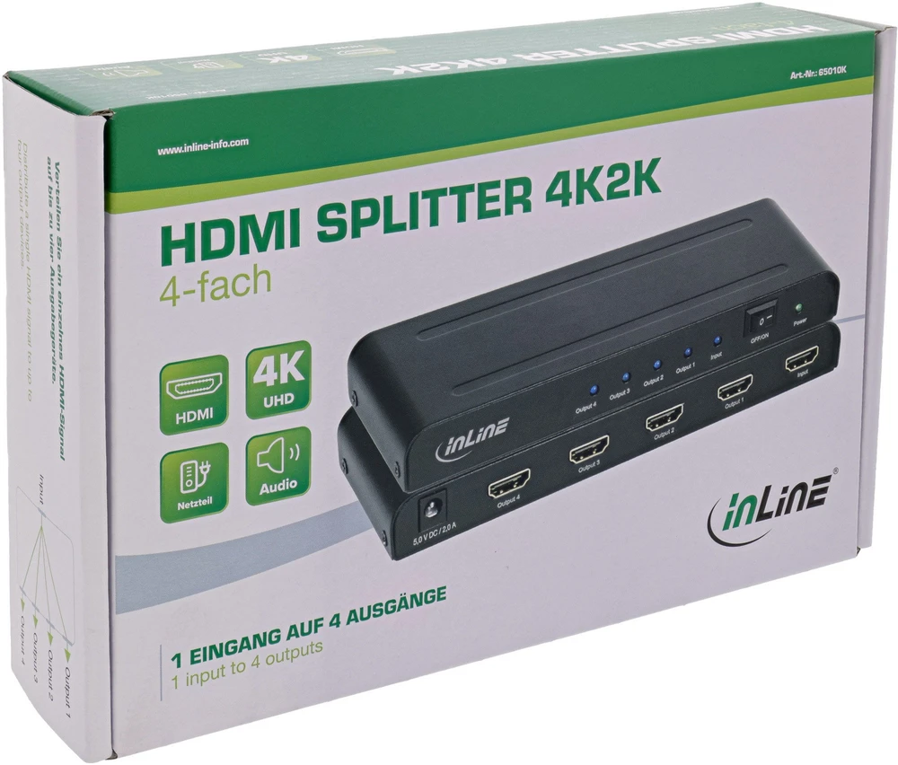 InLine HDMI skirstytuvo 4 krypčių įrenginys ir pakuotė