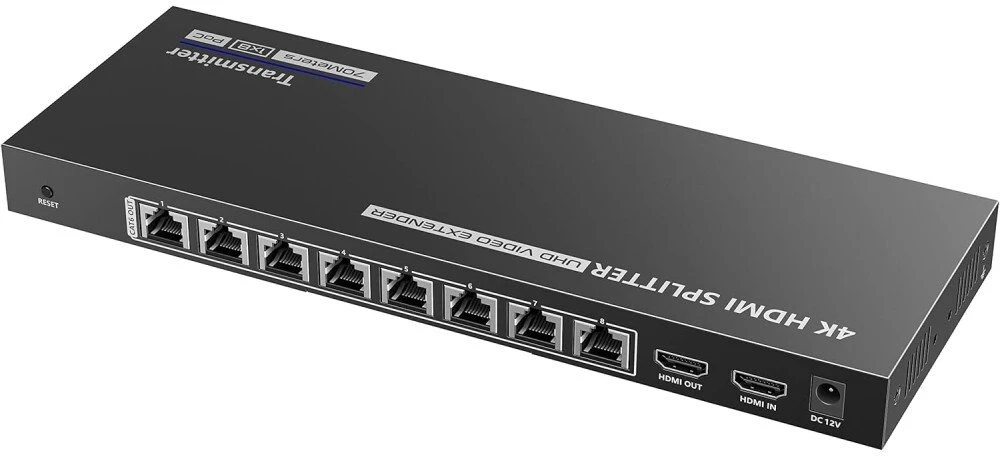 AV signalo perdavimo sistema Techly ilgintuvas HDMI 1x8 4K30Hz iki 40m per Cat6 IR PoC tinklo kabelį