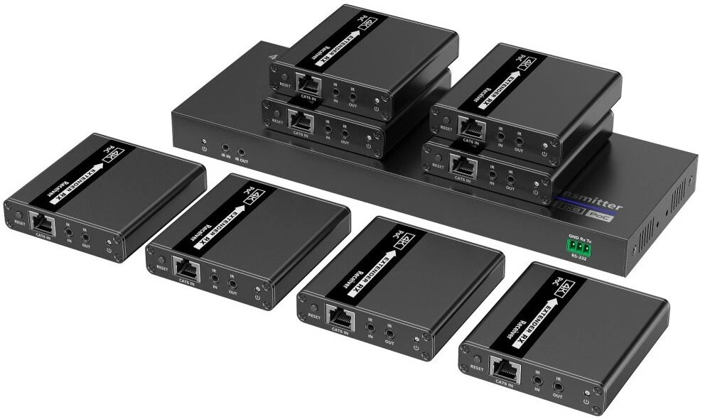 AV signalo perdavimo sistema Techly ilgintuvas HDMI 1x8 4K30Hz iki 40m per Cat6 IR PoC tinklo kabelį