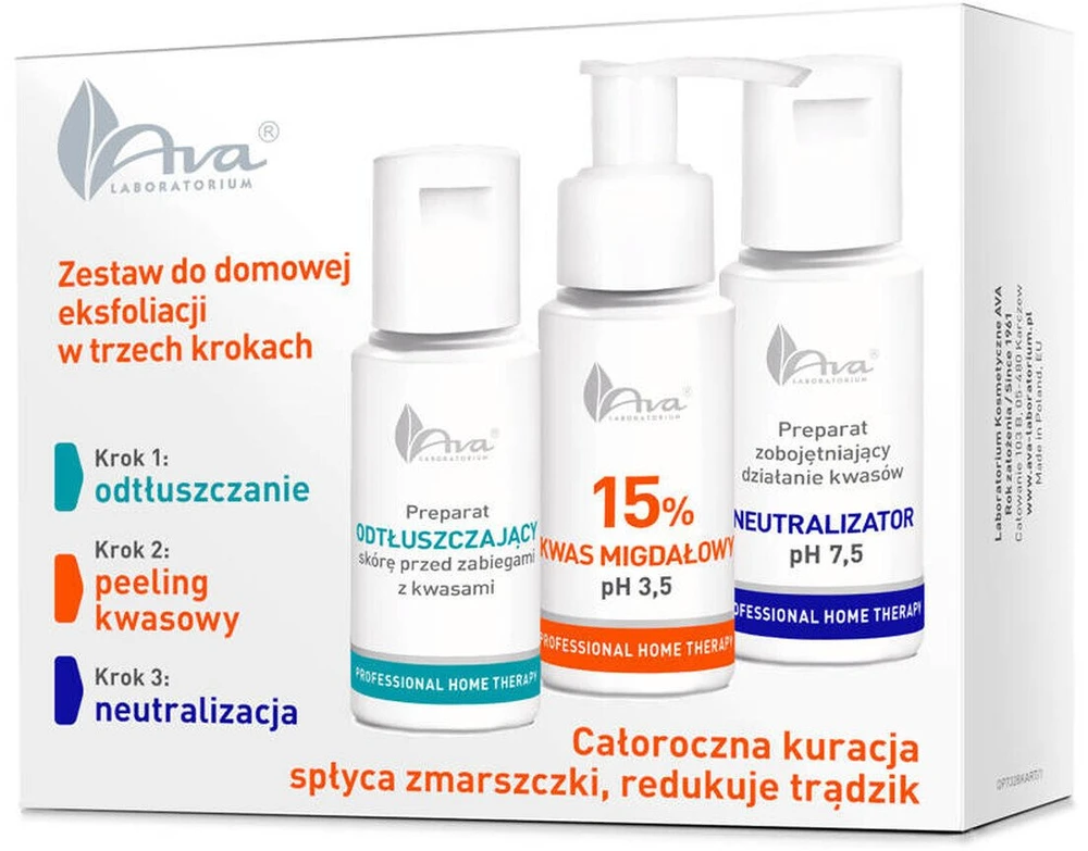 Ava Laboratorium Profesionalus namų terapijos rinkinys trijų žingsnių šveitimui namuose su migdolų rūgštimi